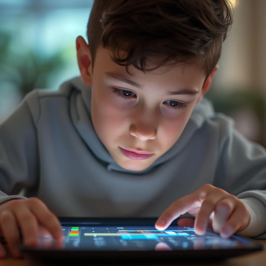 Jeune utilisateur français explorant un module éducatif IA sur tablette