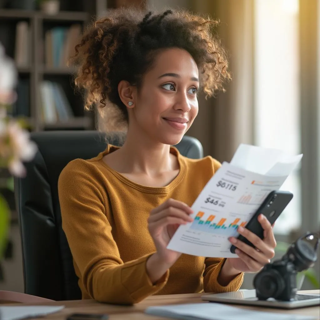 Utilisateur français souriant, satisfait de ses progrès financiers grâce à l'IA